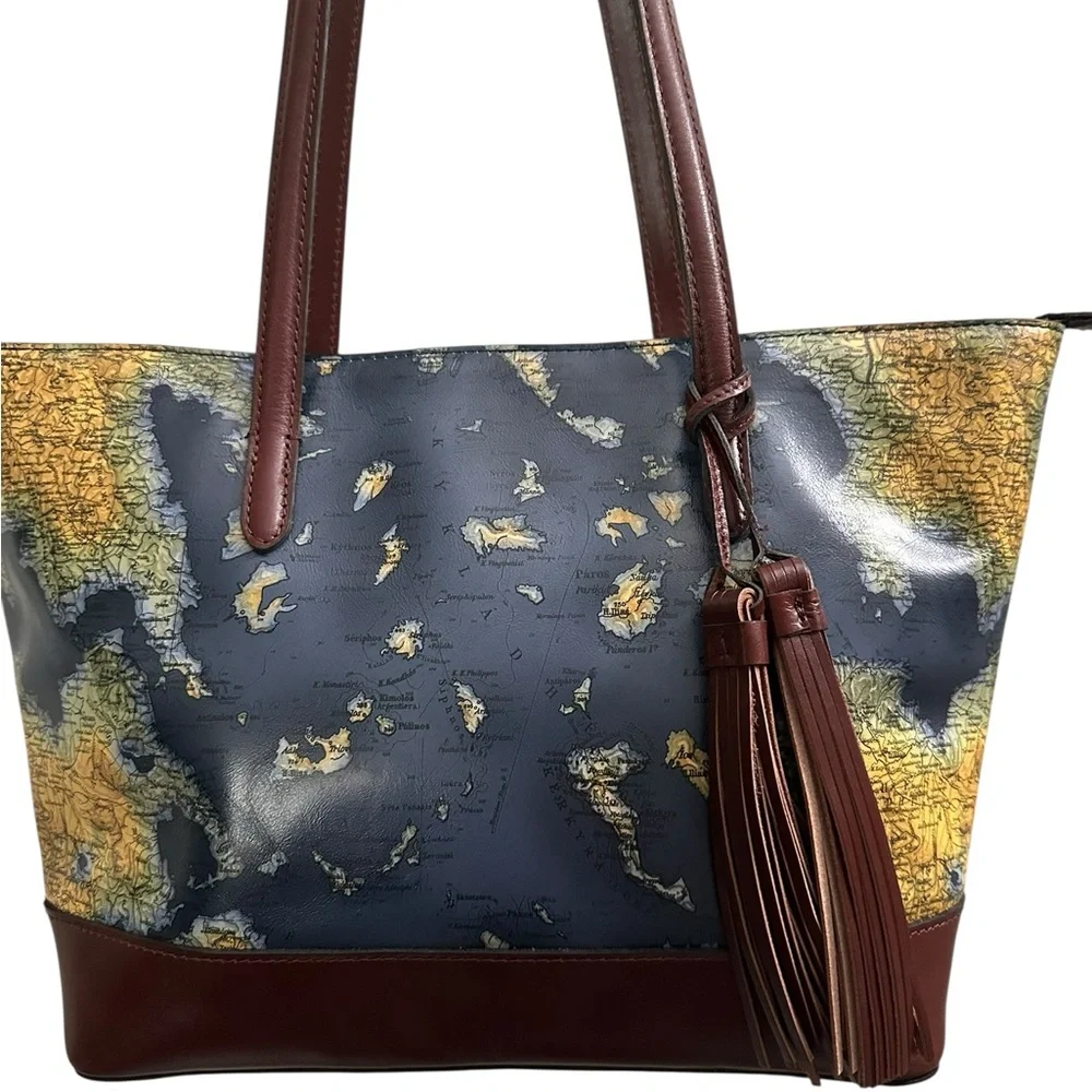 Patricia Nash Verzi Leather Greek World Map Studded Bottom Tote + Dust Bag Nwt❤️ - Picture 2 of 9